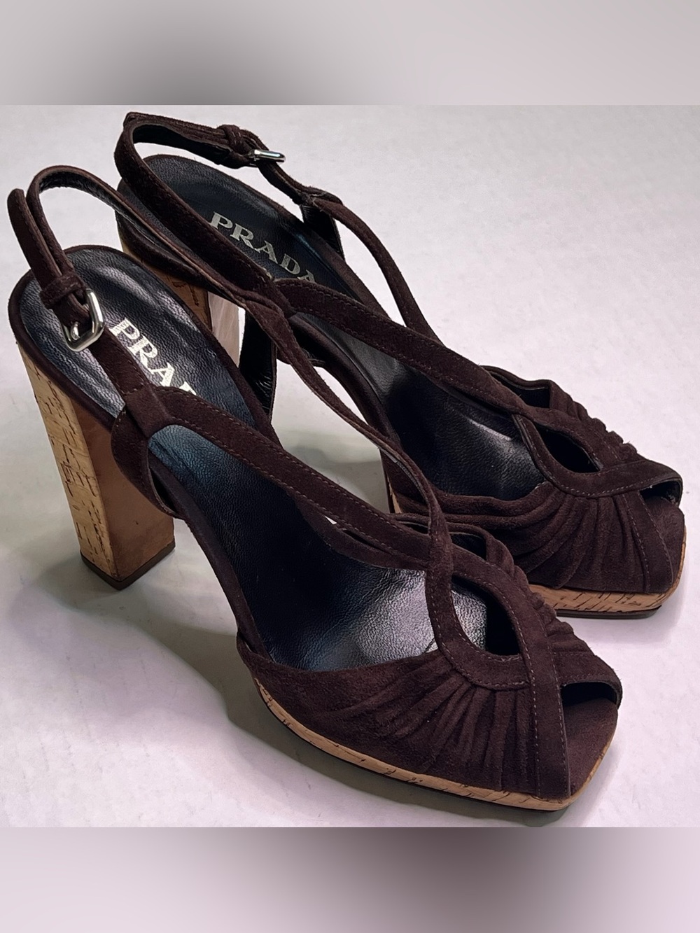 Vintage Prada Brown Suede Cork Platform Slingback Peep Toe Block Heel Sandals 39